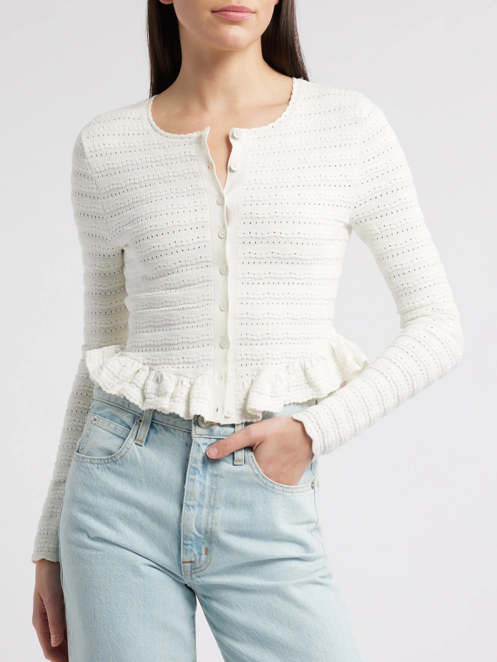 LoveShackFancy Cream Ruffled Button-Front Knit Cardigan - Picture 3 of 12